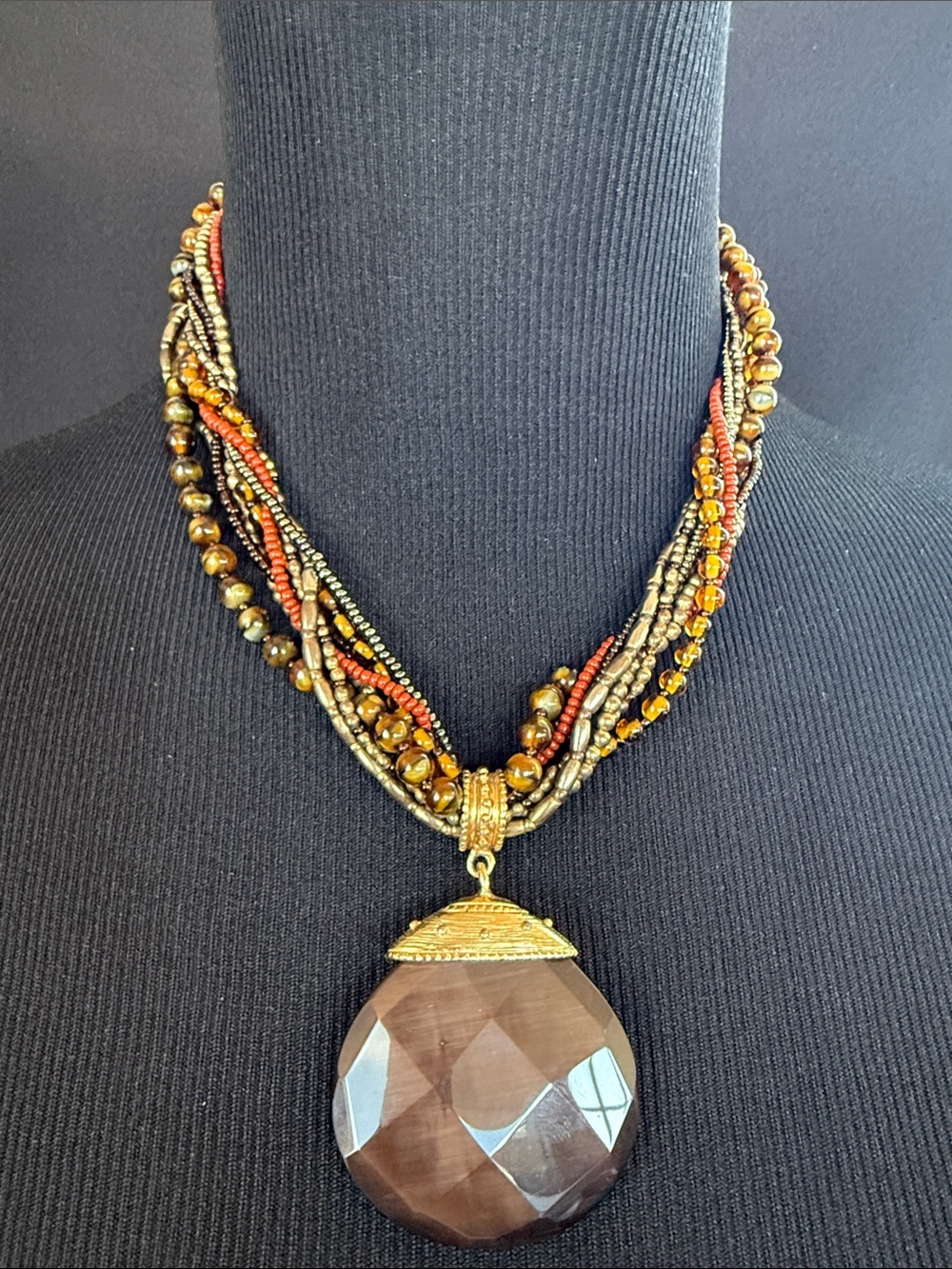Multi-Strand Brown Beaded Pendant Necklace